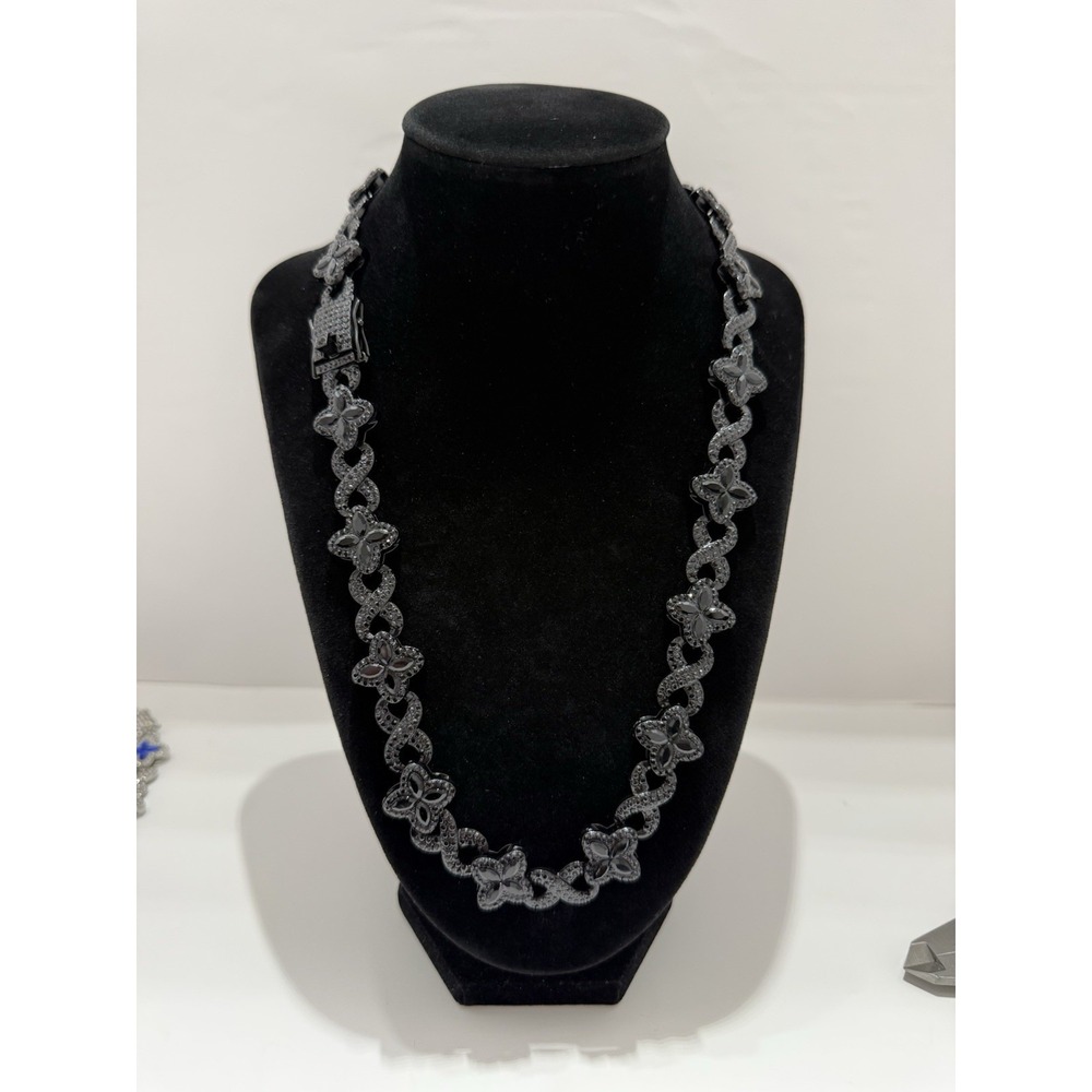 blk on blk flower chain necklace iced out vvscz 22 inch tripple lock clasp